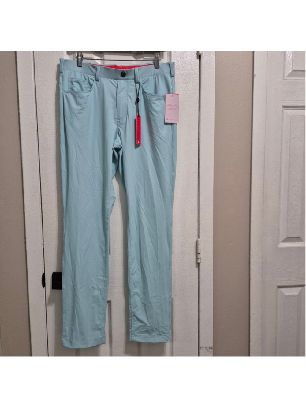 Men's REDVANLY Light Blue Kent Trousers M with Red Accents